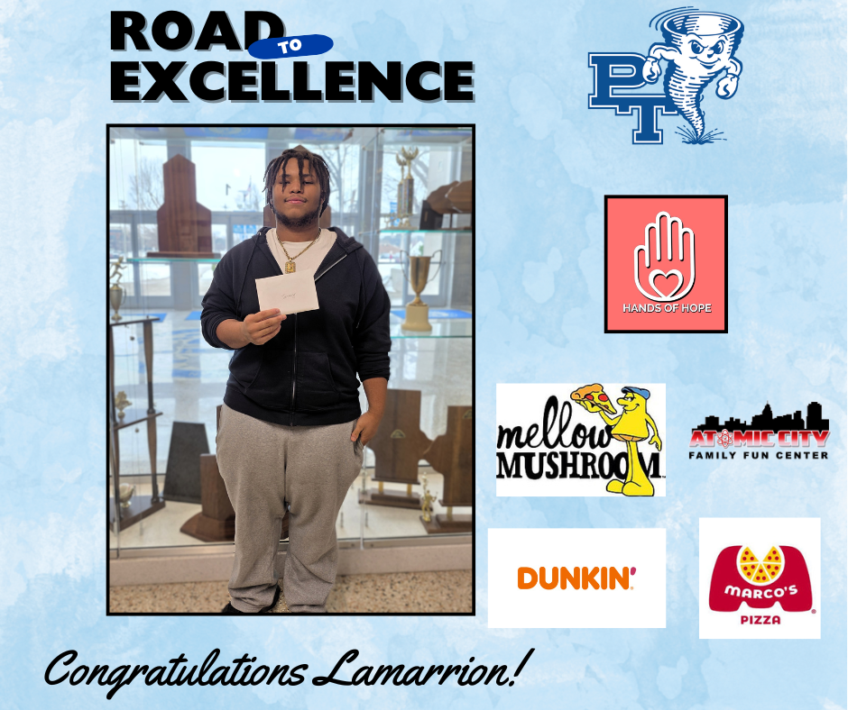 Person in black jacket stands holding paper with "Road to Excellence" text. Logos of Mellow Mushroom, Dunkin', and others in the background.