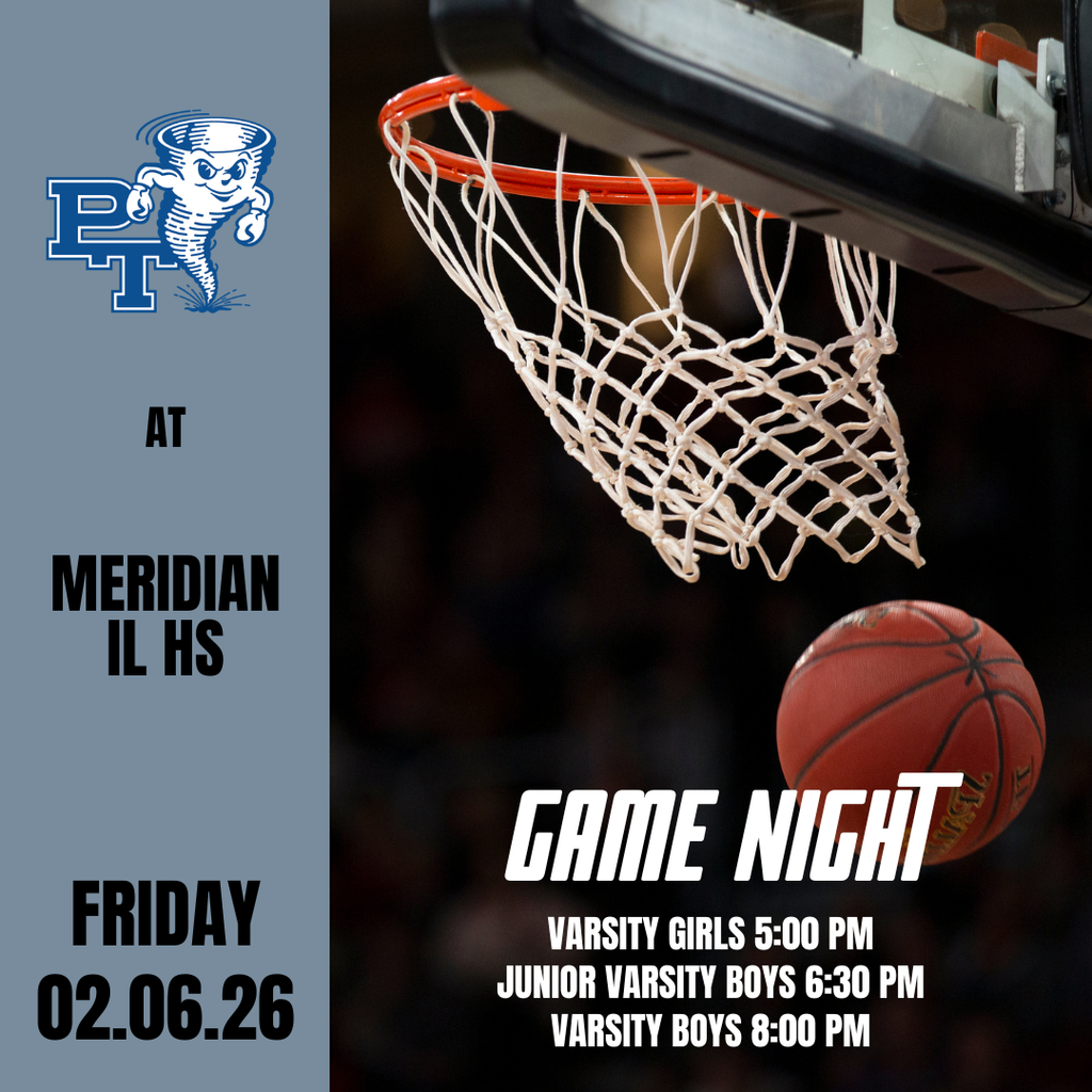 Poster for a basketball game night featuring a ball and net. Schedules for girls, boys, and junior varsity games.