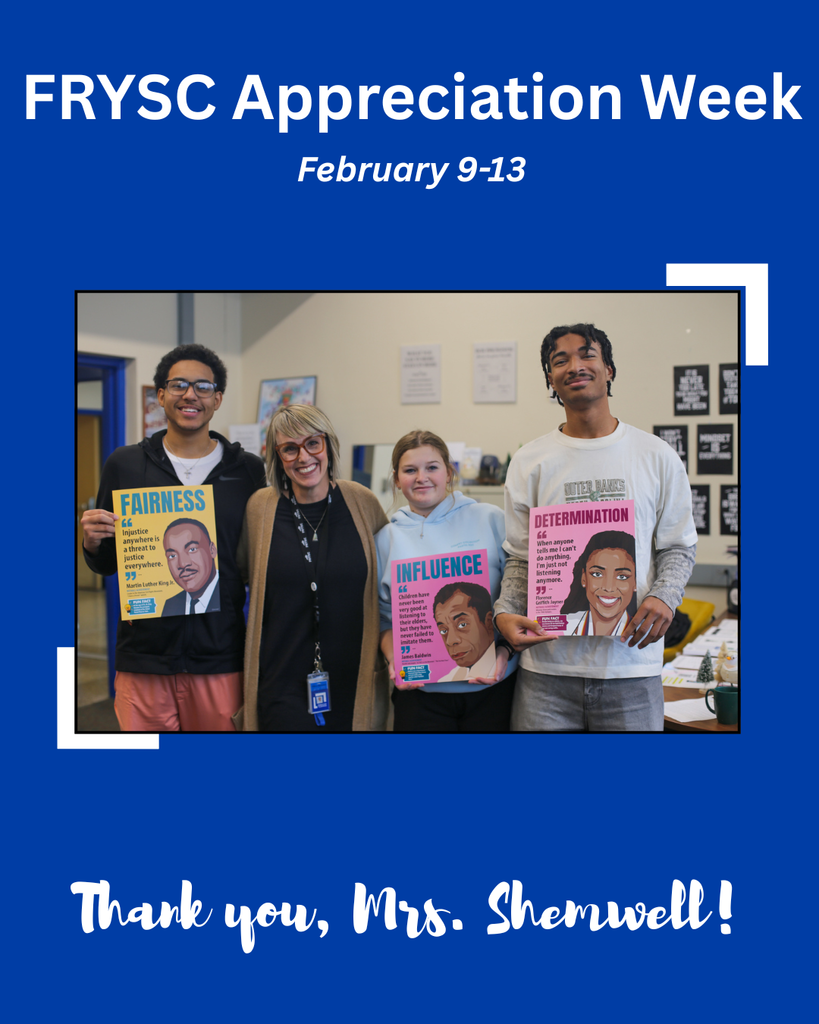 Poster with blue background displays the words "FRYSC Appreciation Week" and a photo of four people holding posters.