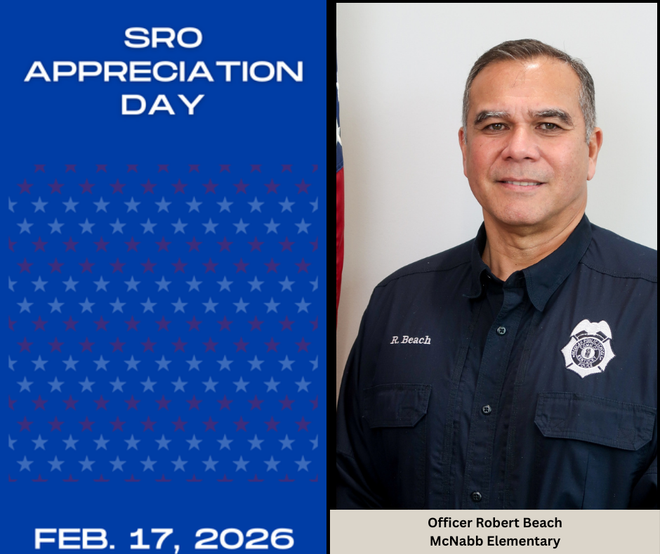 Blue background with stars and text "SRO APPRECIATION DAY FEB. 17, 2026". Man in police uniform, smiling.