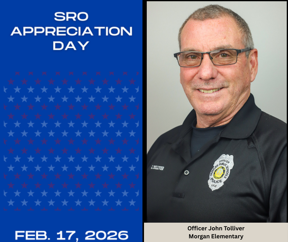 Blue background with stars. Man in a black shirt, glasses, and a police badge smiles. Text: "SRO Appreciation Day, Feb. 17, 2026, Officer John Tolliver."