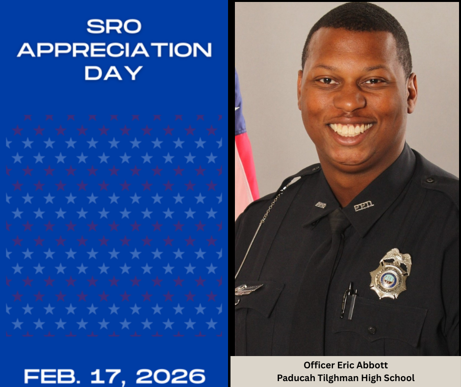 Poster with blue stars on left, smiling police officer, "SRO Appreciation Day" text, and "Feb. 17, 2026" date.