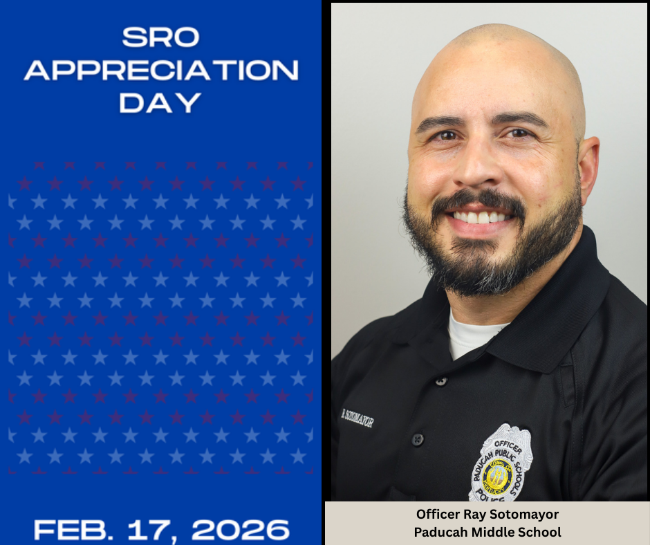 A smiling man in a police uniform stands against a blue background with stars. Text reads "SRO Appreciation Day Feb. 17, 2026"