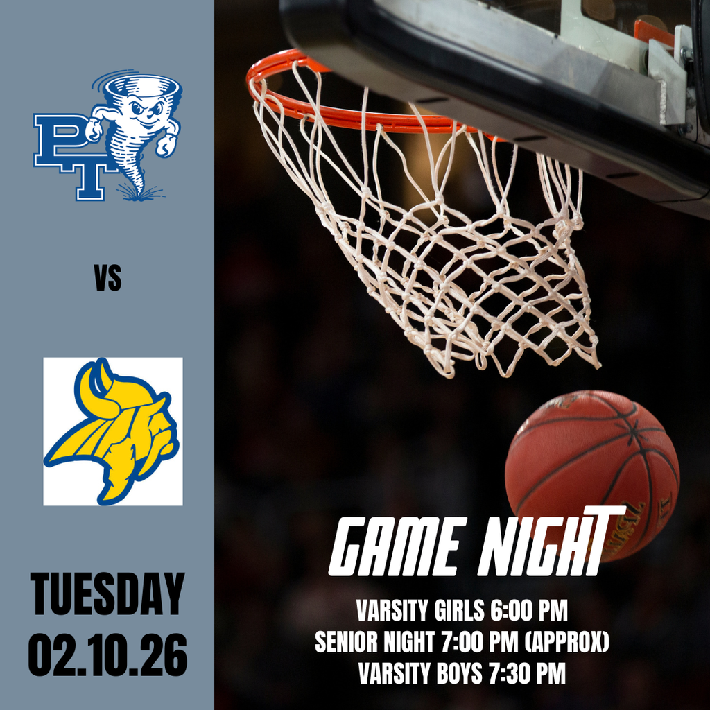 Poster with basketball hoop, ball, and logos. Schedule: Girls 6:00 PM, Senior Night 7:00 PM, Boys 7:30 PM. Date: February 10, 2026.