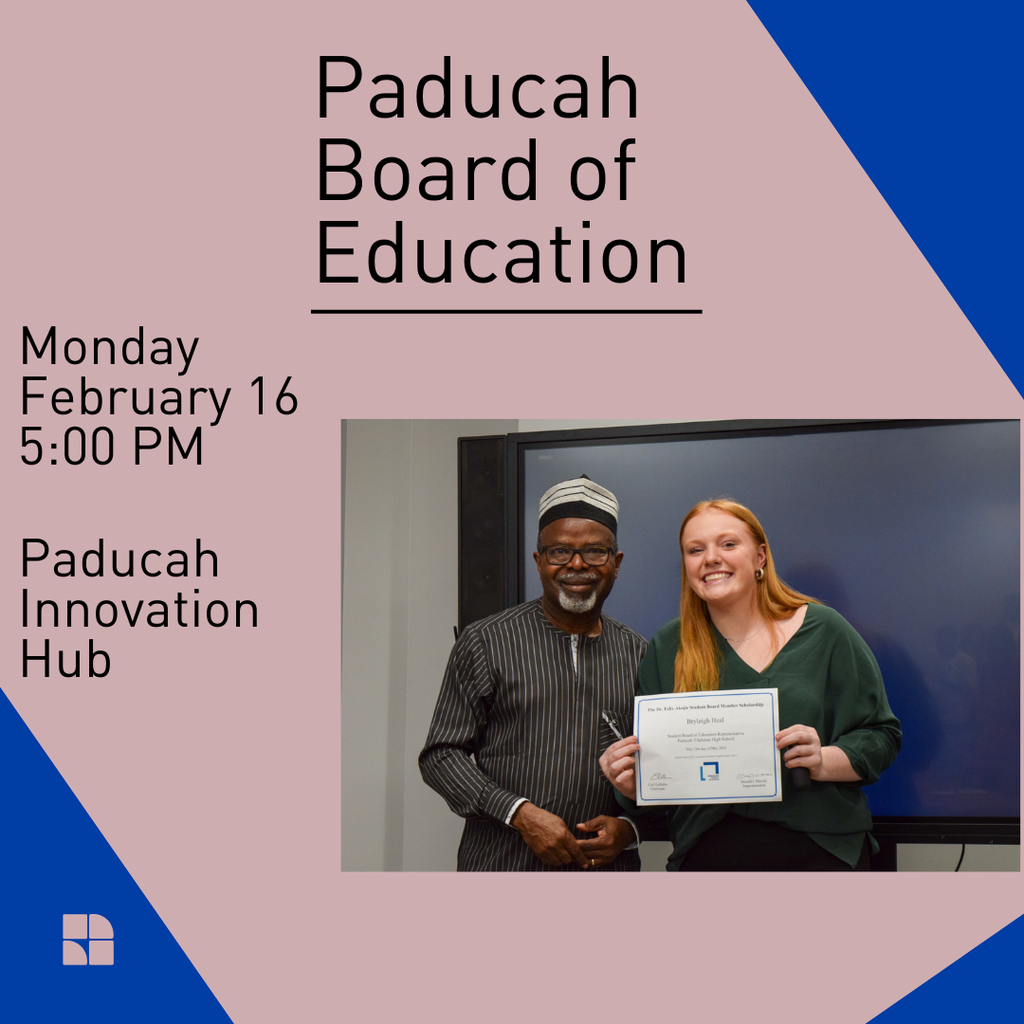 A man and woman pose with a certificate in front of a screen. Text reads "Paducah Board of Education" and "Monday, February 16, 5:00 PM."