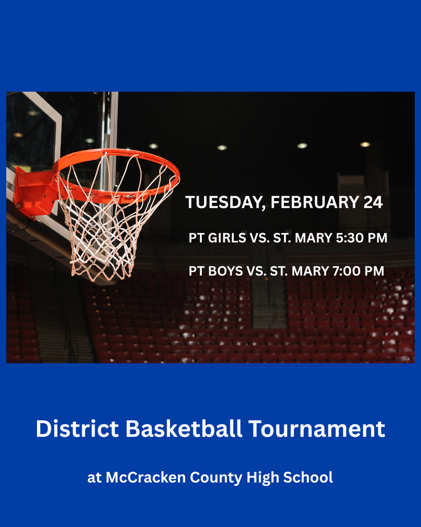 Blue background with basketball hoop. Text reads "District Basketball Tournament" and "Tuesday, February 24" with game times.