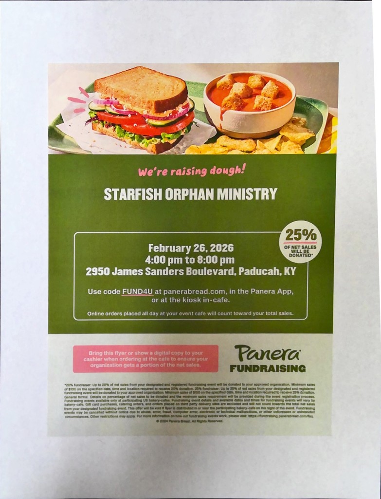 Flyer for Starfish Orphan Ministry event. It features a sandwich, soup, and chips. Text reads: "February 26, 2026, 4:00 pm to 8:00 pm, 2950 James Sanders Boulevard, Paducah, KY."
