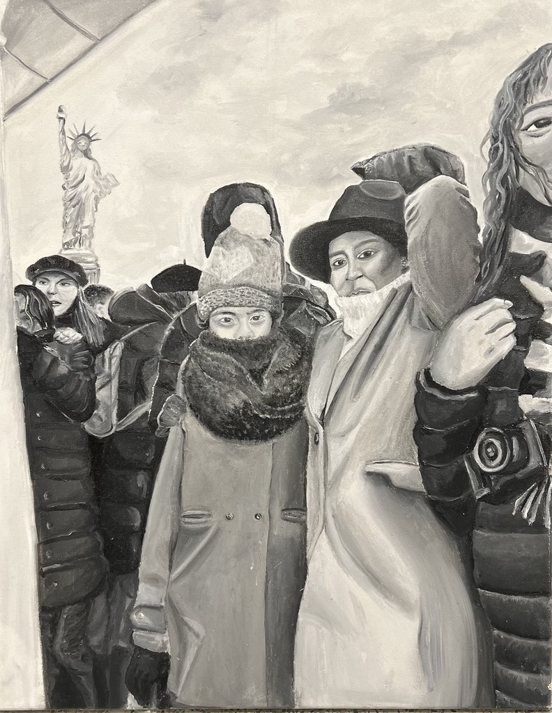 Black and white painting shows people wearing winter clothes, standing near the Statue of Liberty.