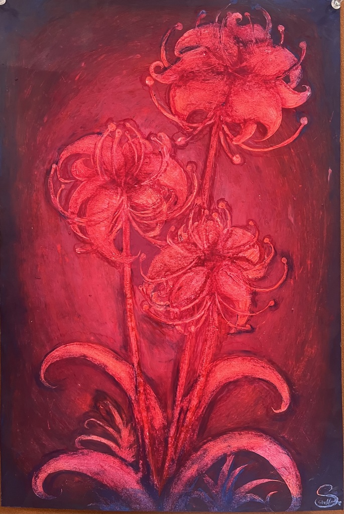 A painting with three red flowers against a dark red background. The flowers have long petals and are stylized.