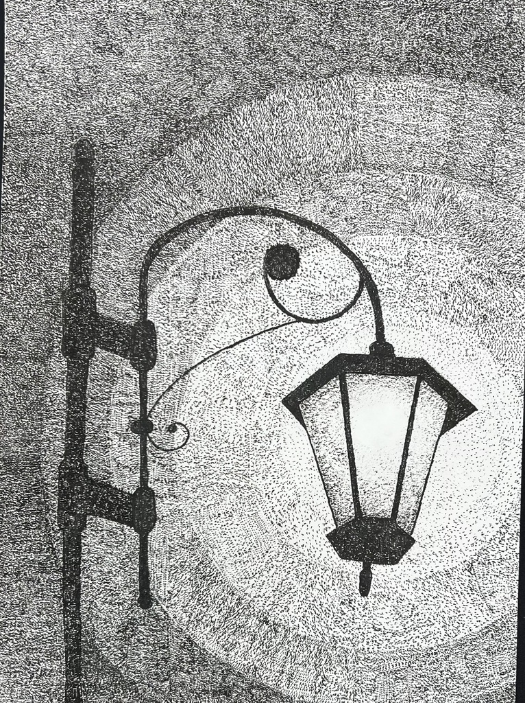 A black-and-white drawing of a street lamp mounted on a wall, with a glowing circle behind it.
