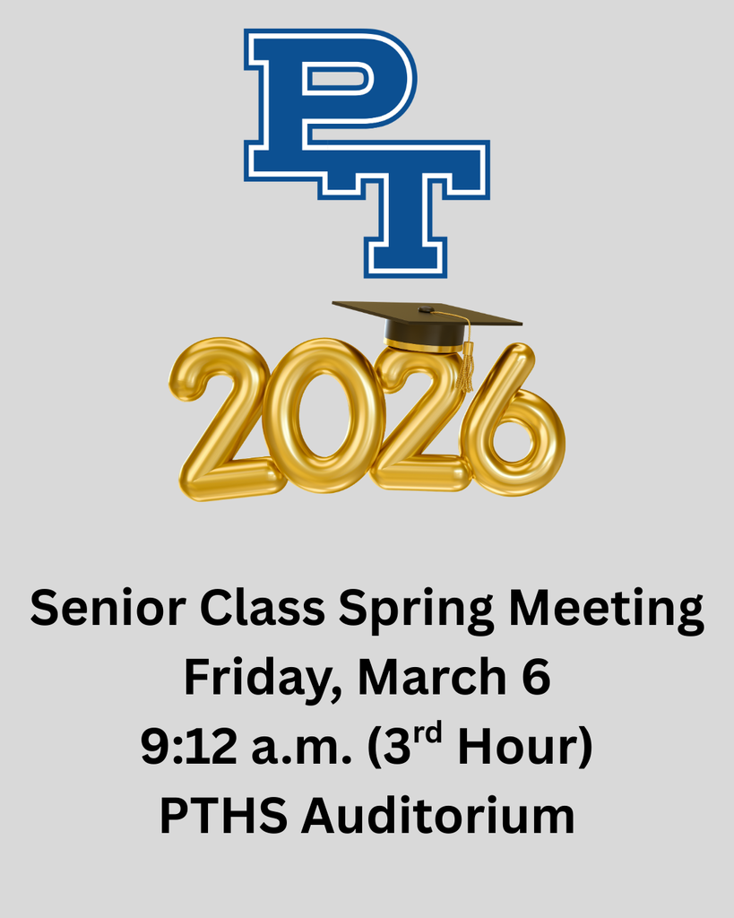 Event poster for the Senior Class Spring Meeting on Friday, March 6, 9:12 a.m. at PTHS Auditorium.