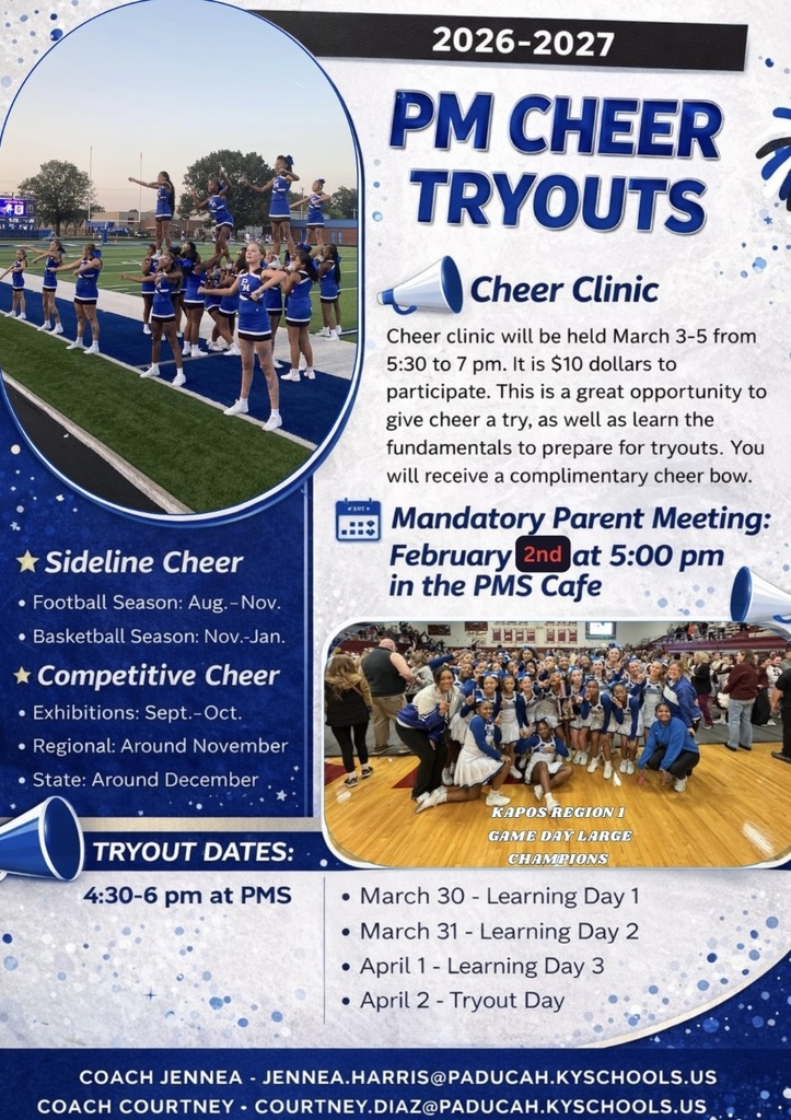 Event poster for PM Cheer Tryouts. Details include cheer clinic and mandatory parent meeting. Sideline cheer, competitive cheer, and exhibition schedules.
