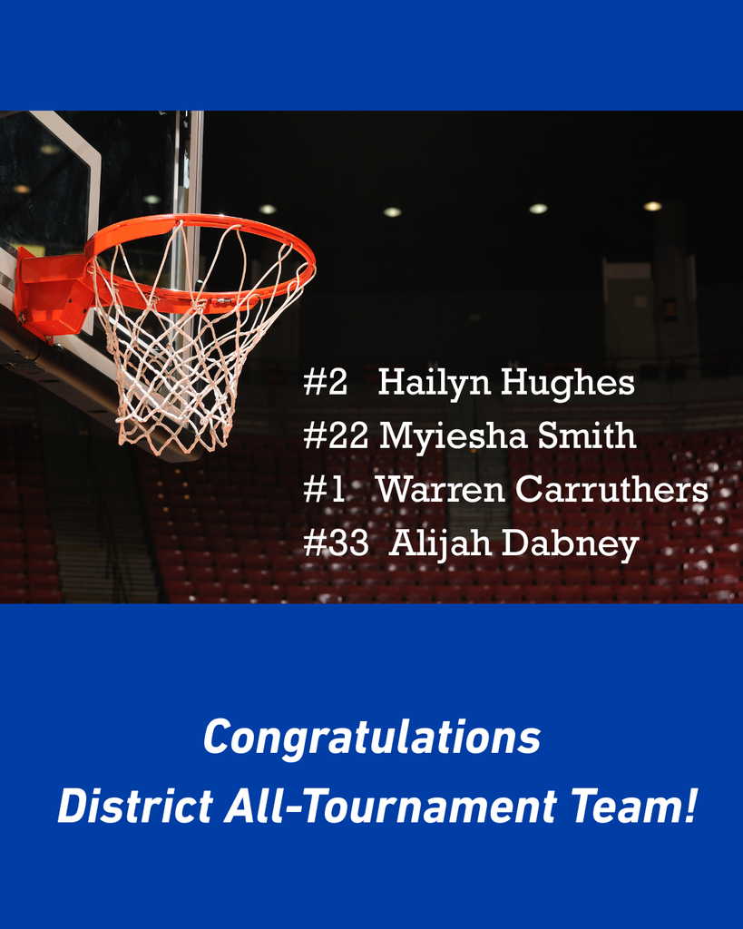 Basketball hoop with net in upper left corner. Four names and numbers: #2 Hailyn Hughes, #22 Myiesha Smith, #1 Warren Carruthers, #33 Alijah Dabney.