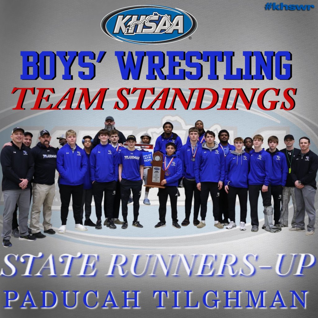 Graphic with text about boys' wrestling team standings. Group of athletes in blue uniforms, one holding a trophy.