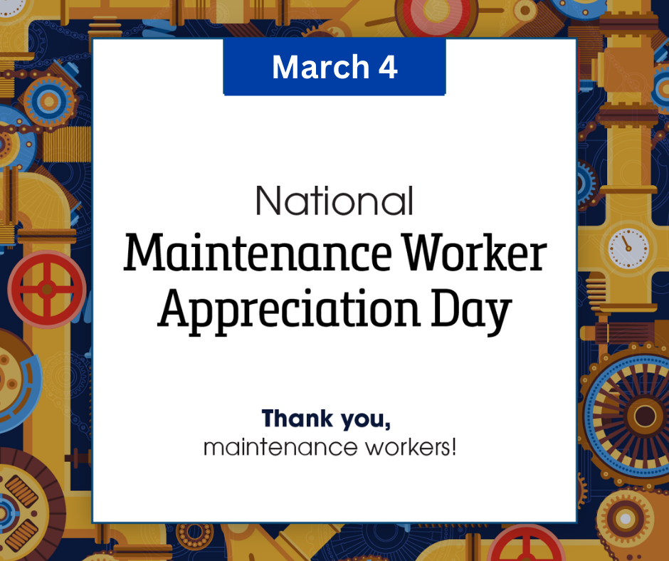 Date March 4 in blue rectangle. Text "National Maintenance Worker Appreciation Day" in black. Background of gears and pipes.