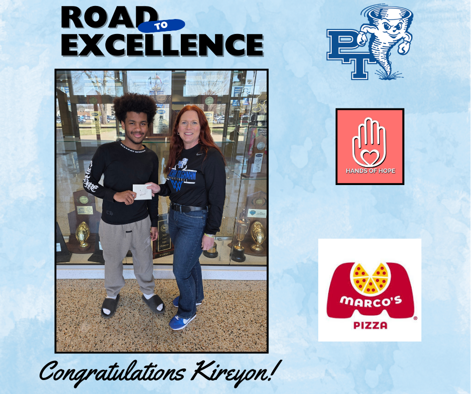Two people stand indoors, smiling, with one holding a certificate. Logos for Road to Excellence, PT, and Marco's Pizza appear in the corners.