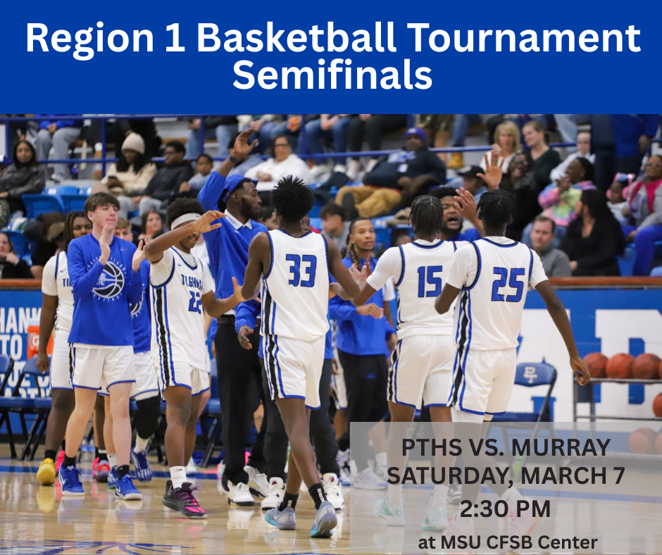 Basketball players in blue and white uniforms celebrate on a court. A large crowd watches from the stands.