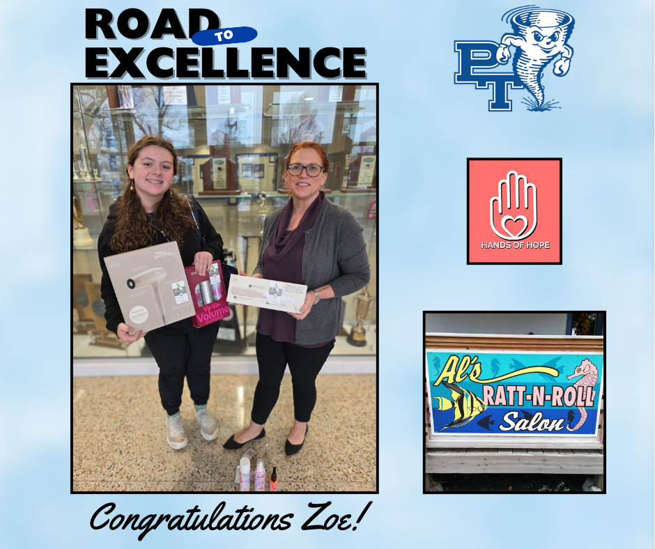 Two women stand inside a building, one holding a certificate and a box, both smiling. Logo and text "Road to Excellence" and "Congratulations Zoe!" appear.