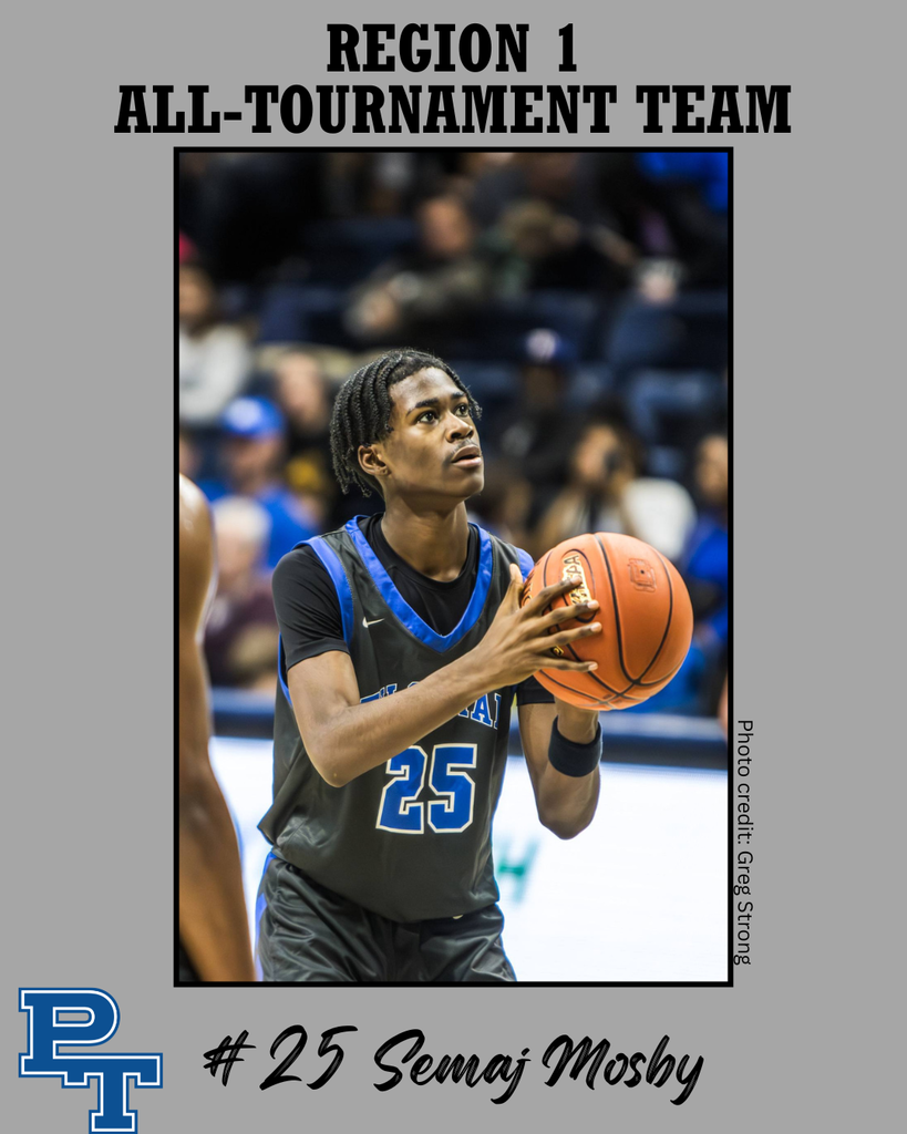 A basketball player holds a ball, wearing jersey number 25. Background shows a blurred audience. Text reads "Region 1 All-Tournament Team" and "Semaj Mosby."