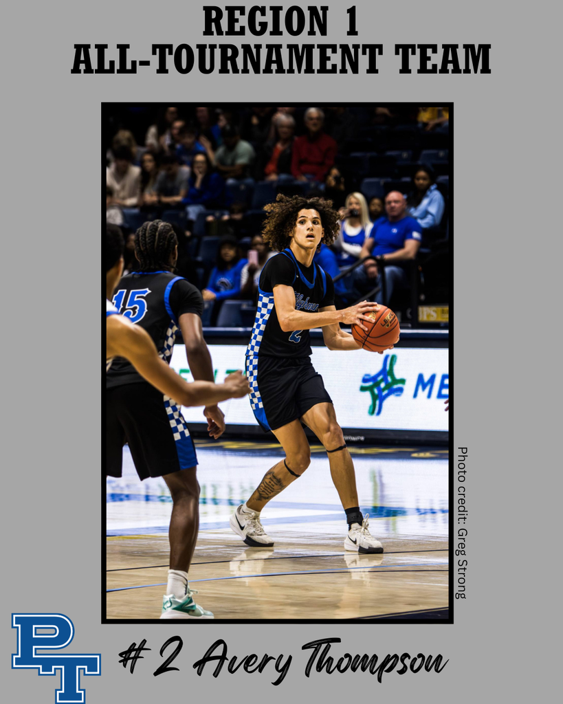 A basketball player holds a ball on a court. Above, "REGION 1 ALL-TOURNAMENT TEAM" is displayed. The player is identified as Avery Thompson.