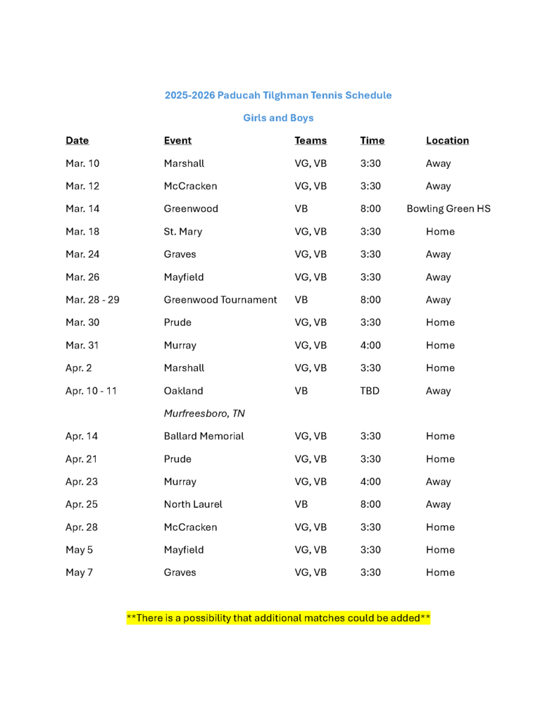 A schedule shows dates from March 10 to May 7, listing events, teams, times, and locations for matches.