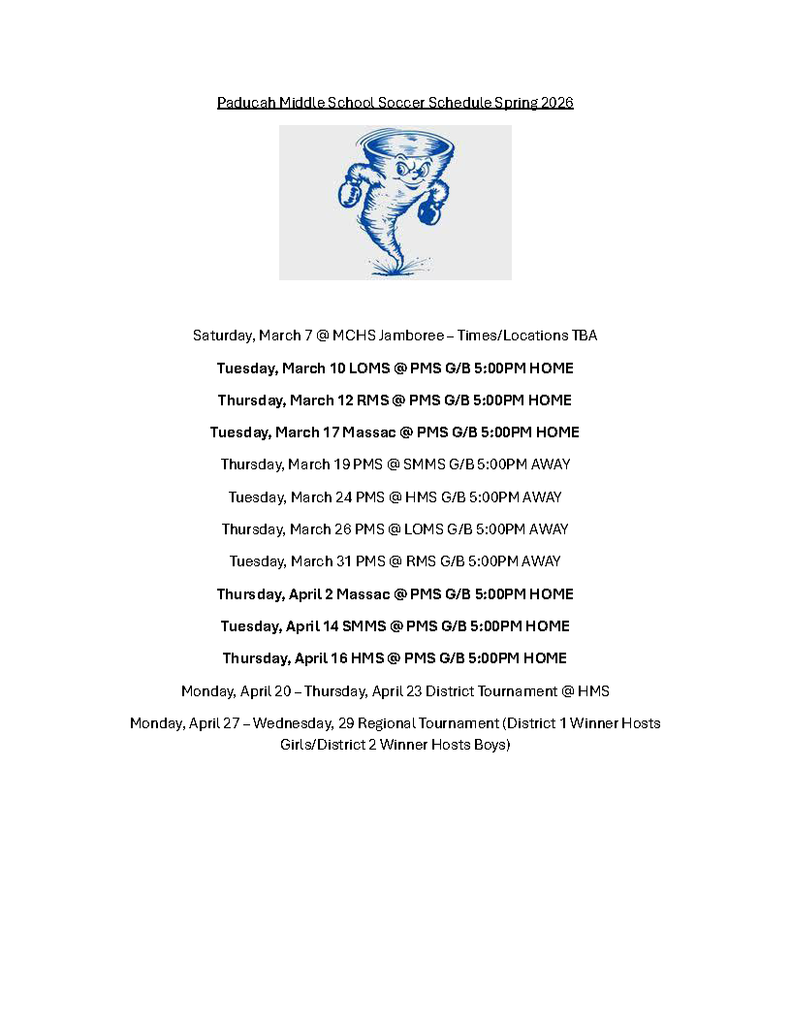 A schedule lists dates and times for middle school soccer games, with a blue ghost logo at the top.