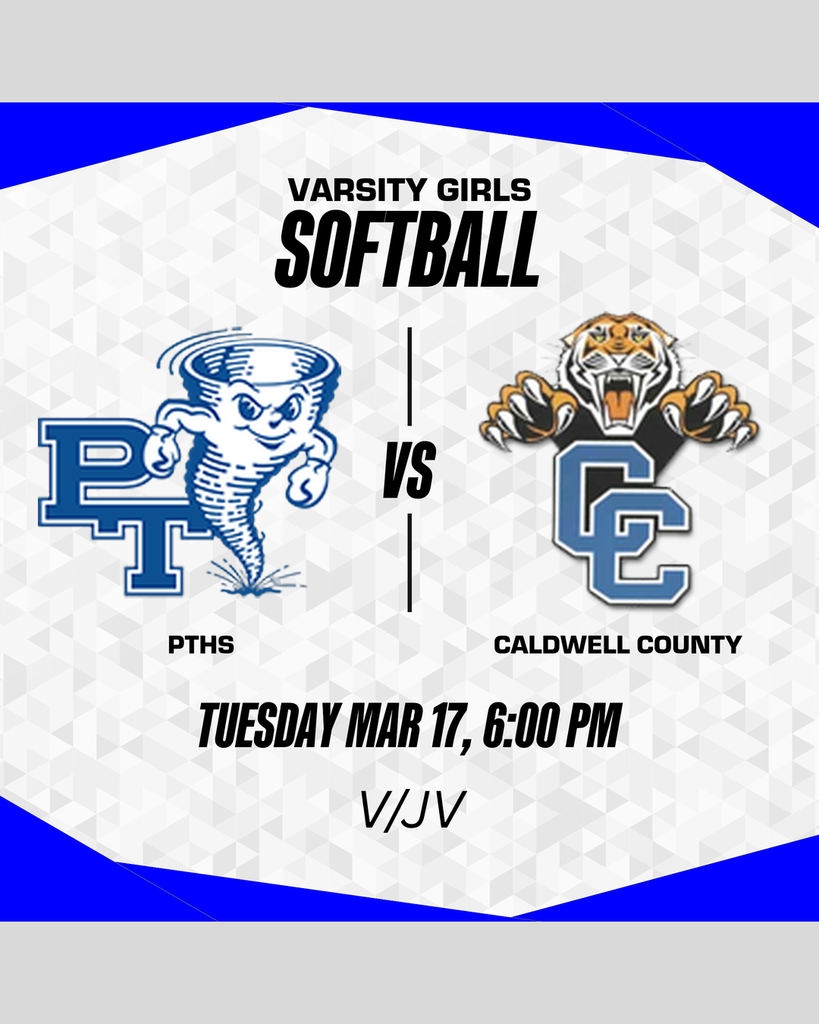 Graphic shows varsity girls softball match between PTHS and Caldwell County. Teams' logos and match details.