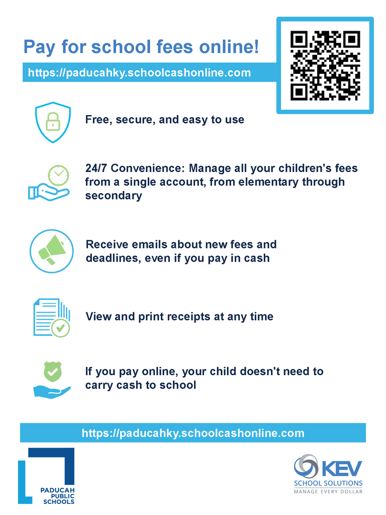 A flyer with icons and text details about paying school fees online. Features include free, secure, and easy use, 24/7 access, email alerts, and receipt management.