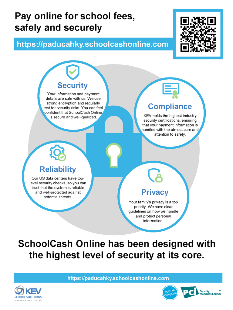 An infographic highlights security, compliance, reliability, and privacy of online school fee payments. A QR code is present.