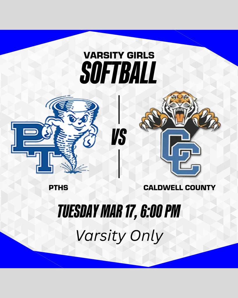Blue and white sports poster for a varsity softball match between PTHS and Caldwell County on March 17.