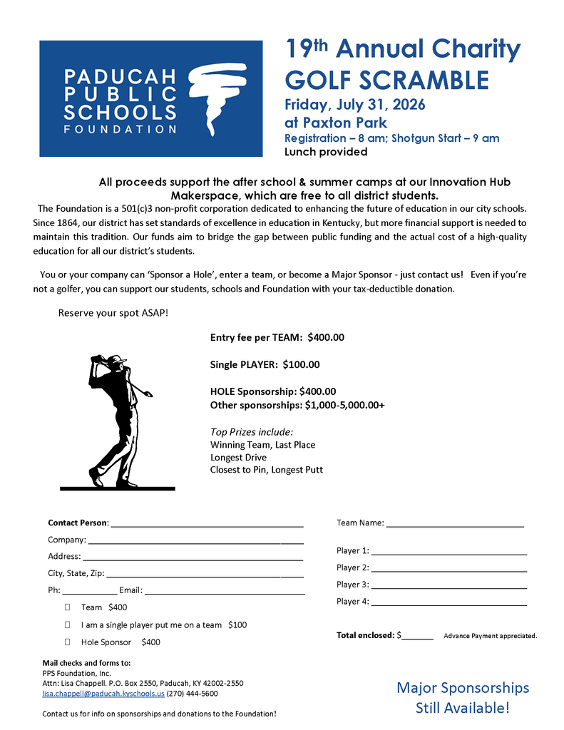 A flyer for the 19th Annual Charity Golf Scramble at Paxton Park on July 31, 2026. It includes entry fees, hole sponsorships, and team participation details.
