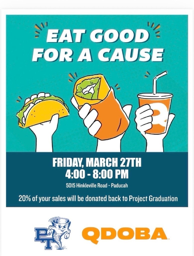 A poster with teal background. It features three hands holding food and drink. The top text reads "EAT GOOD FOR A CAUSE". Below is the event details.