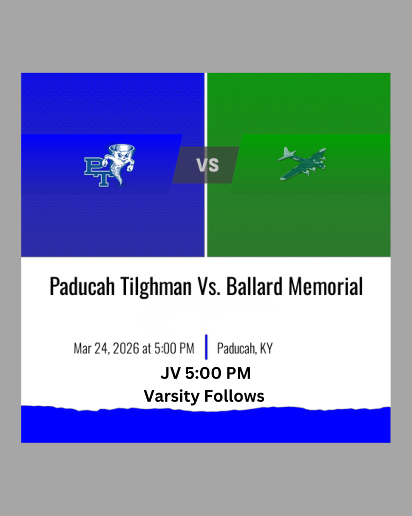 Blue and green background split in half. Blue side has Paducah Tilghman logo. Green side has Ballard Memorial logo.