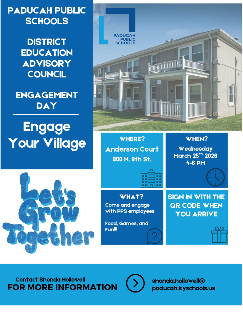 Blue and white flyer for Paducah Public Schools with an image of a house. Text invites to "Engage Your Village" on March 25.