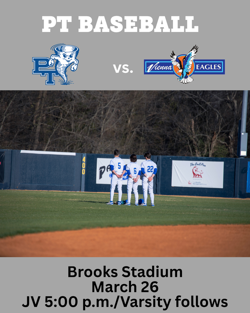 Baseball players stand on a field with blue wall, trees, and advertisements. Event date: March 26, JV game starts at 5:00 p.m.