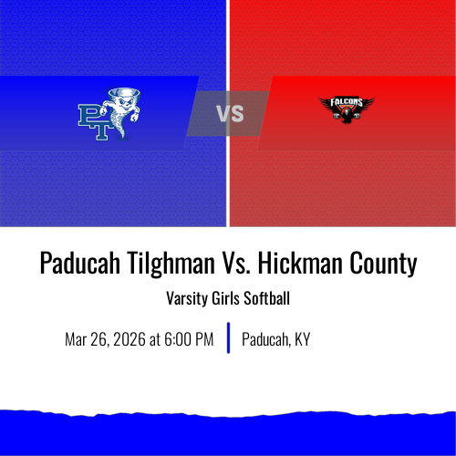 A blue and red background with a team logo on each side. "Paducah Tilghman Vs. Hickman County" and "Varsity Girls Softball" are in white text.