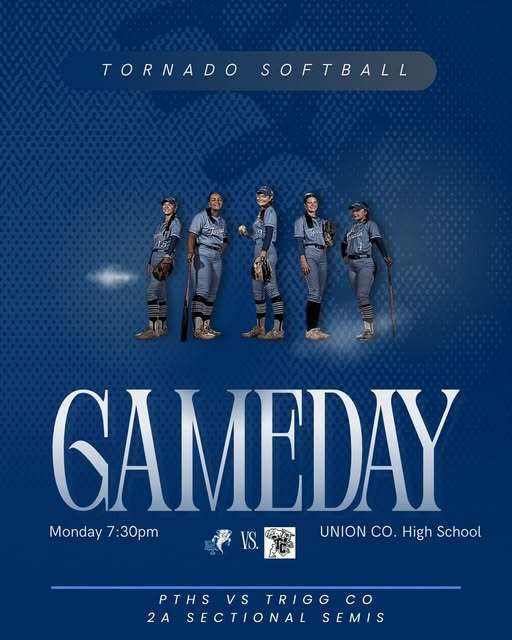 Blue background with white text. Five female softball players lined up, holding bats. Text reads "Gameday" and "Monday 7:30pm" with schools listed.