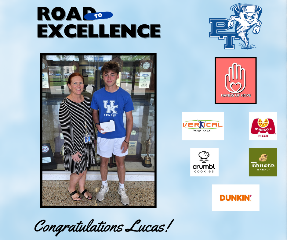 A blue background features a woman and a man in sports gear with "Congratulations Lucas!" Logos for Vertical, Dunkin, Crumbl, and other businesses.
