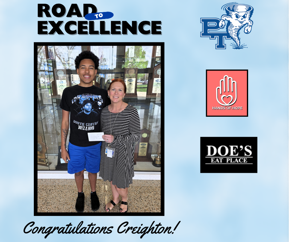 A person holds a certificate with a woman. "ROAD TO EXCELLENCE" is at the top. Logos are on the right. "Congratulations Creighton!" at the bottom.