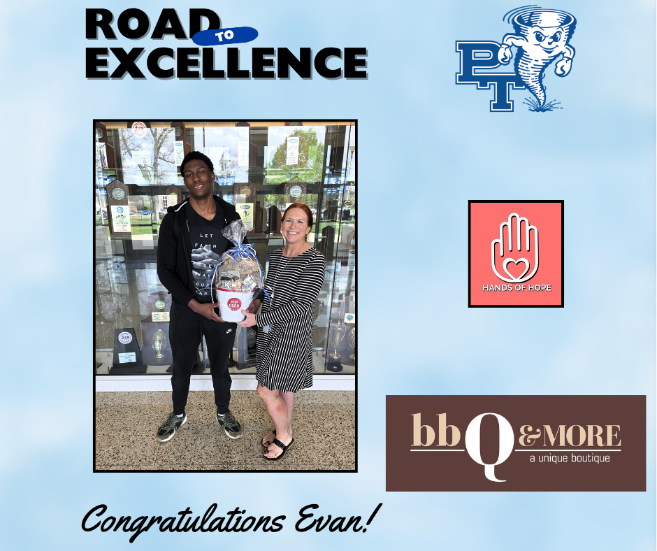 A person holds a box while standing next to another person. Logos for "Road to Excellence", "bbQ&MORE", and "HOME OF HOPE" surround the image.