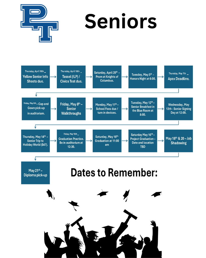 A poster lists dates for senior students, including events like Yellow Senior Intro, Graduation Practice, and Senior Breakfast.