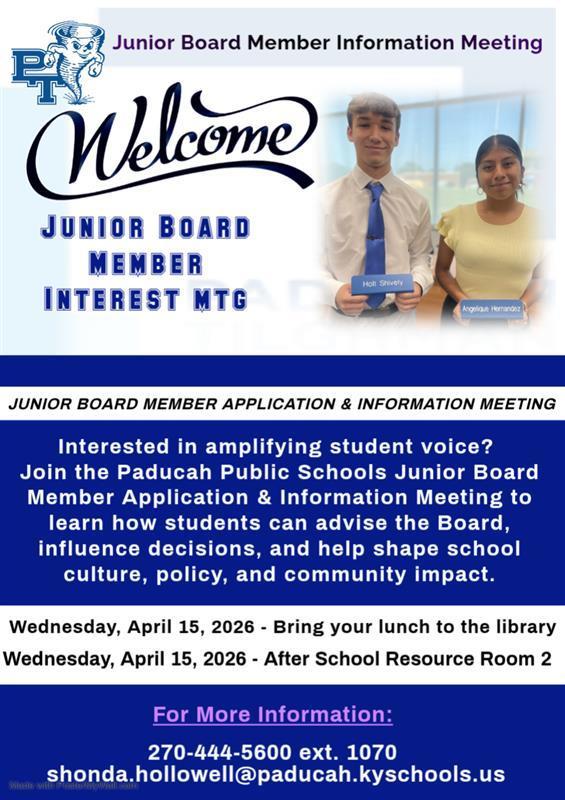 A poster invites students to a Junior Board Member Information Meeting. It features a man and a woman with information and a contact email.