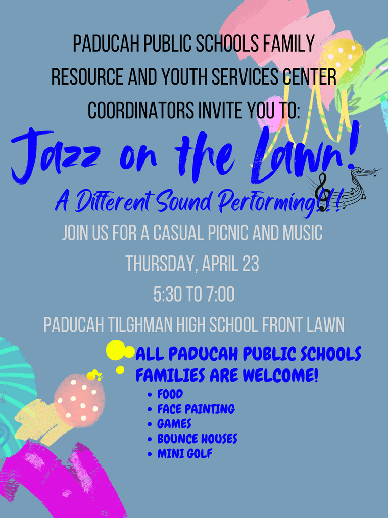An event poster promotes "Jazz on the Lawn" at Paducah Tilghman High School. It includes activities like face painting, games, and mini-golf.