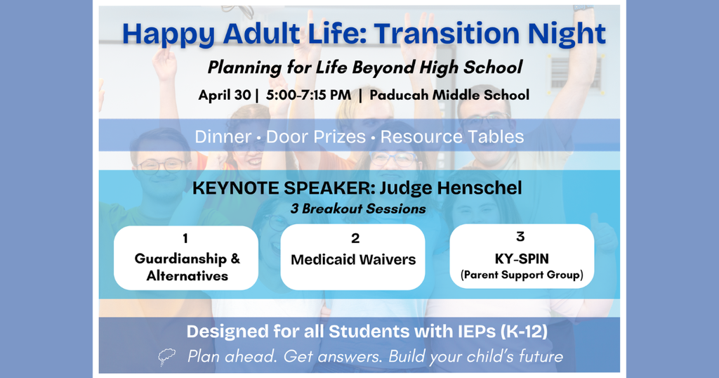 Blue and white flyer with text "Happy Adult Life: Transition Night" and three breakout sessions. People in the background raising hands.