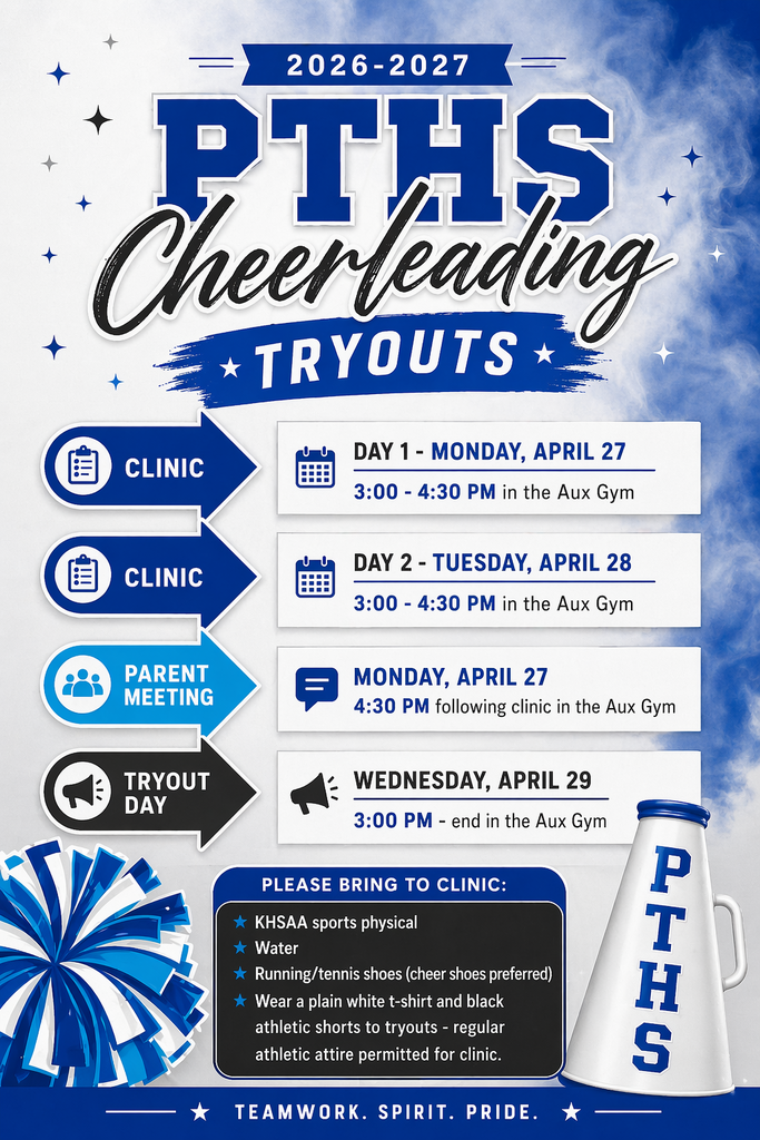 An advertisement for PTHS Cheerleading tryouts in 2026-2027. Dates, times, and locations are listed.
