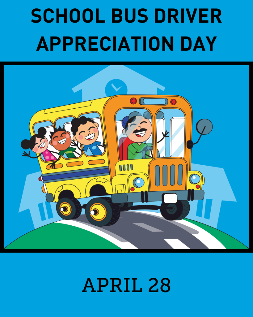 Poster with blue background features a cartoon school bus with children riding and a driver, along with the words.