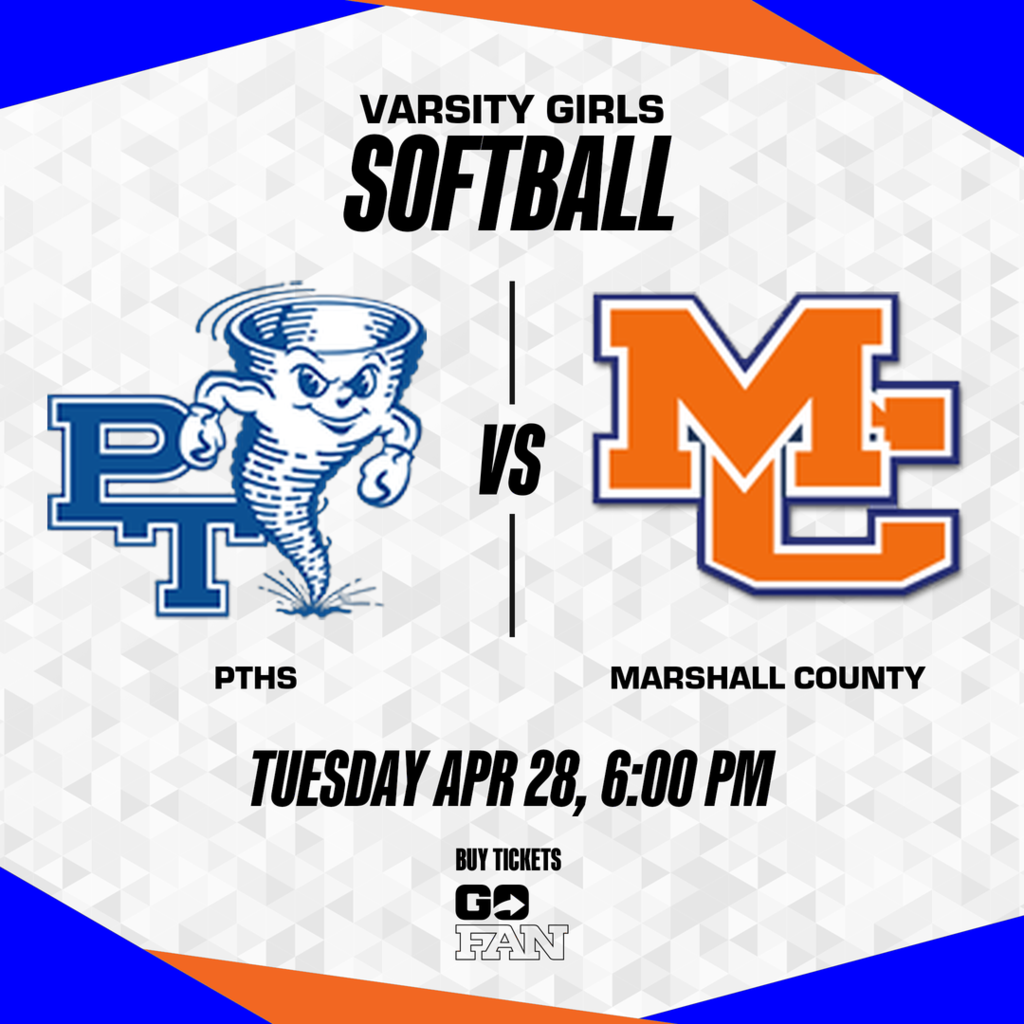 A poster for a varsity girls' softball game. Logos of PTH and Marshall County are displayed. Date and time: Tuesday, April 28, 6:00 PM.