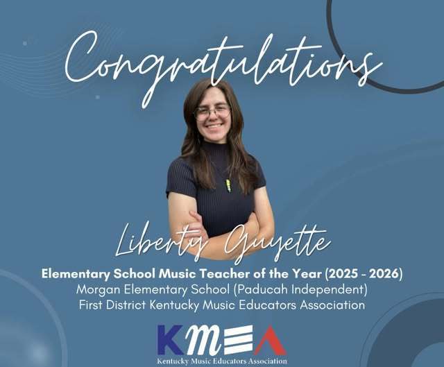 A woman smiles with arms crossed in front of a blue background. Text reads "Congratulations" and "Liberty Garnette, Elementary School Music Teacher of the Year (2025-2026)."