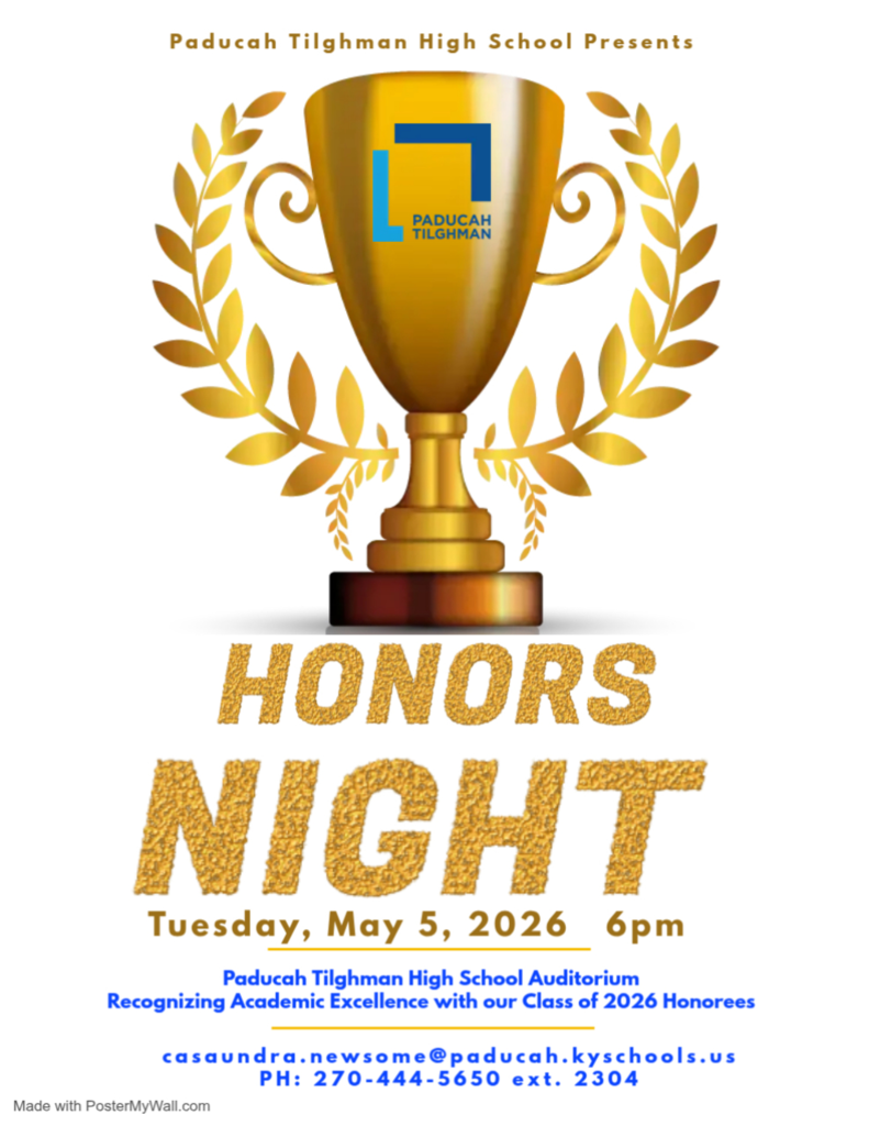 A golden trophy on a white background with laurel wreath. Text reads "HONORS NIGHT Tuesday, May 5, 2026 6pm".