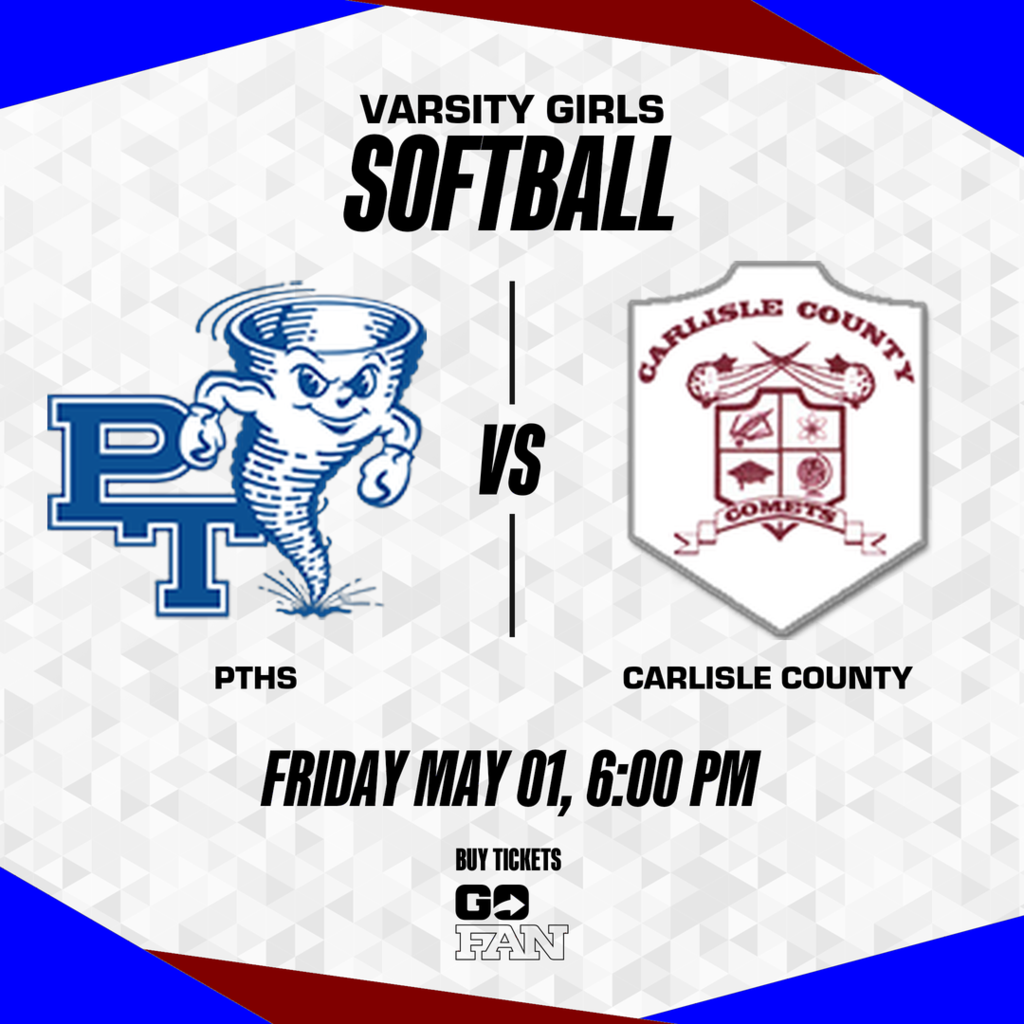 An event poster shows "Varsity Girls Softball" with two logos. One has "PTHS" and a tornado. The other has "Carlisle County" and a shield. Date: May 01, time: 6:00 PM.